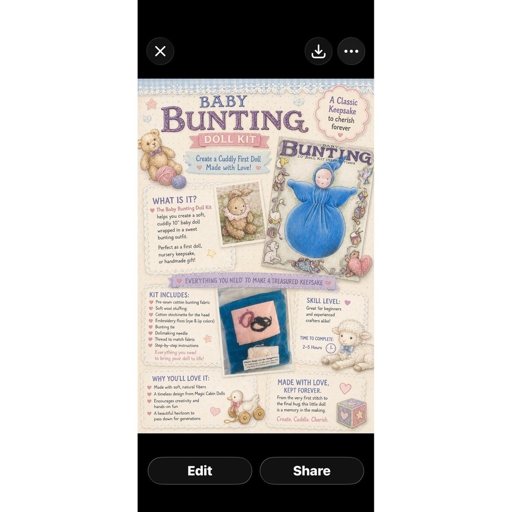 MAGIC CABIN Plush Doll Baby  14" Kit Bunting 1990s Hearthsong  Catalog